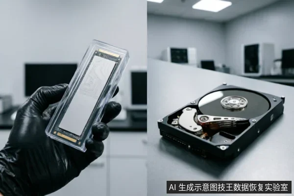 左侧画面展示一只戴黑色手套的手持握封装在透明盒中的SSD固态硬盘;右侧画面为放置在桌面上的裸露机械硬盘,清晰可见金属盘片与读写磁头臂。背景为模糊的计算机设备环境。