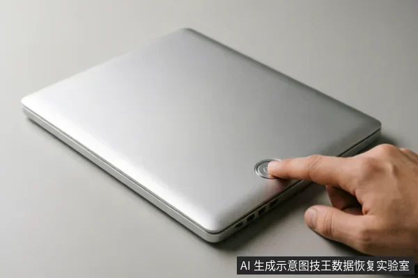 一只手指正在按压银色笔记本电脑外壳上的圆形电源按钮，设备处于闭合状态，画面展示了切断电源的操作动作。