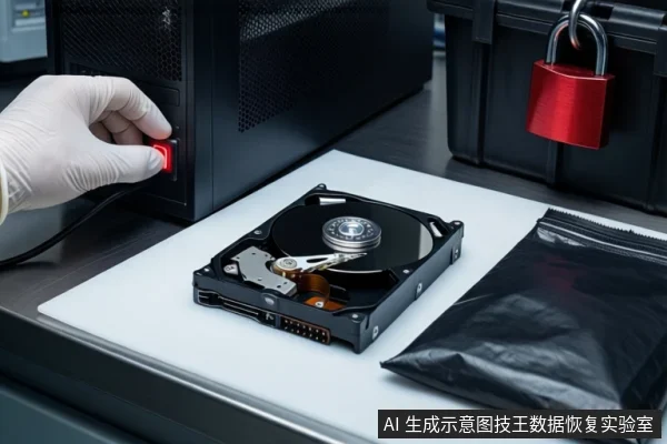 白色桌面上，一只戴白手套的手正按压黑色塔式主机的红色电源按钮。前景平放一块打开外壳的机械硬盘，右侧有一个黑色防静电袋，背景可见挂有红色挂锁的黑色防震箱。