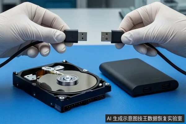 蓝色防静电垫上,左侧平放一块打开外壳的机械硬盘,右侧放置一个黑色移动硬盘。上方一双戴白色手套的手正分别握持一根黑色USB数据线的两端接口,悬停在设备上方。