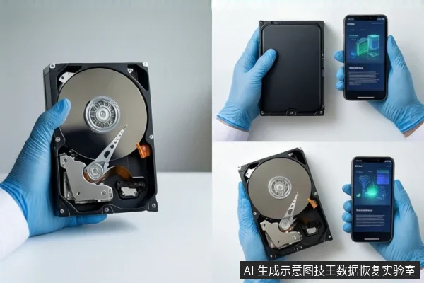 Gloved hands holding an open hard drive and a smartphone showing a data recovery interface.