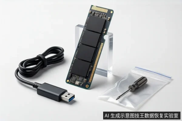白色背景上,一块M.2固态硬盘斜立在透明支架上,左侧有一根盘绕的USB数据线,右侧防静电袋内装有一把螺丝刀。