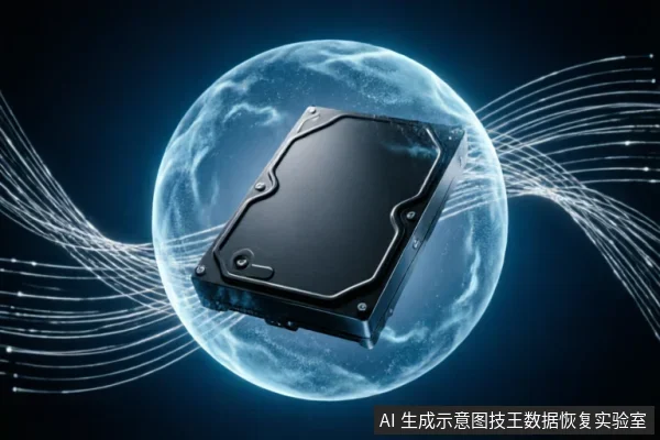 一个黑色的机械硬盘悬浮在发光的蓝色能量球体中,周围环绕着流动的白色数据光束,背景为深蓝色,象征数据存储与保护。