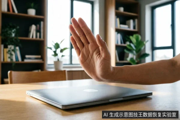 一只手掌在闭合的笔记本电脑前做出明确的停止手势,示意暂停操作。背景为带有书架和绿植的明亮办公环境,强调在遇到硬盘故障时立即止损、禁止写入的核心原则。