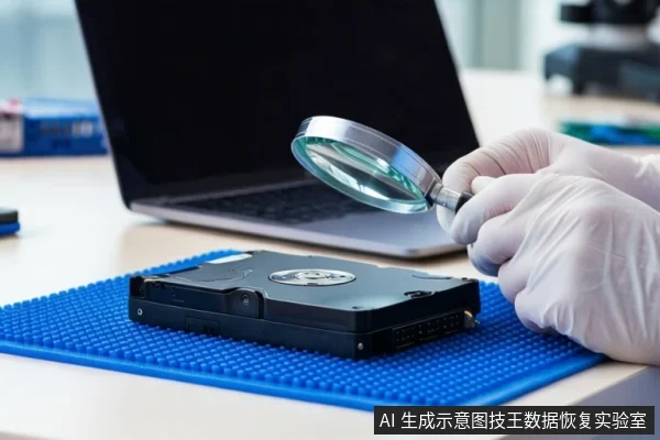白色桌面上铺着蓝色防静电垫，中间平放一块闭合的黑色机械硬盘。右侧一双戴白手套的手正握持一个放大镜，悬停在硬盘上方。背景是一台打开的黑屏笔记本电脑。