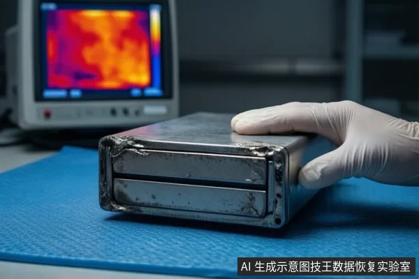 蓝色防静电垫上平放一个表面有污渍和磨损的金属硬盘盒,一只戴白色手套的手正扶在盒体上方。背景处有一台显示红橙色热成像画面的监视器。