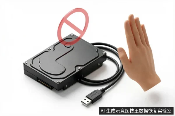 画面展示了一块连接着USB数据线的黑色硬盘，旁边有一只手做出拒绝或停止的手势，且硬盘上方悬浮着一个红色的禁止符号。整体视觉传达了在特定情况下严禁操作或切断电源的警示含义。