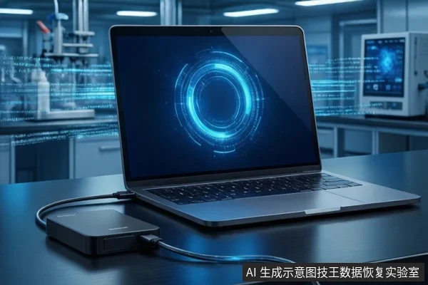 深色桌面上,一台打开的笔记本电脑屏幕显示蓝色圆形科技界面,左侧通过线缆连接一个黑色移动硬盘盒,背景为模糊的实验室设备。