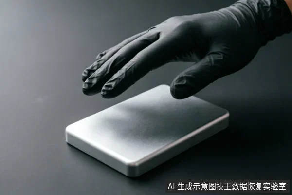 一只戴着黑色防护手套的手悬停在一个银色移动硬盘上方,并未接触设备表面。画面背景深暗简洁,突出了手部动作与存储介质,象征着在数据故障场景下对硬件的谨慎对待、停止操作或专业检测状态。