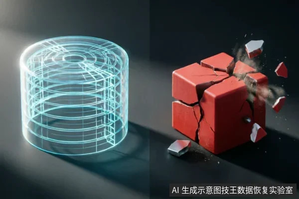 画面分为左右两部分:左侧是一个发光的蓝色线框圆柱体,象征硬盘内部的磁盘介质;右侧是一个正在剧烈碎裂、崩解的红色立方体,伴有碎片飞溅。该图通过抽象视觉隐喻,表现了机械硬盘在故障状态下内部结构的物理损坏与数据介质的崩溃风险。