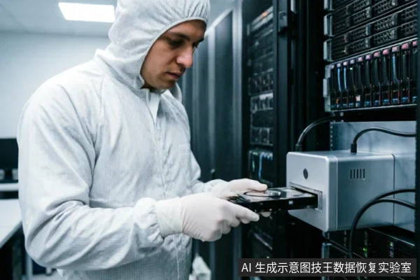 一名身穿白色连帽防尘服和手套的工程师,在服务器机房环境中将一块机械硬盘插入银色的专业数据恢复设备中,背景可见排列整齐的黑色服务器机柜。