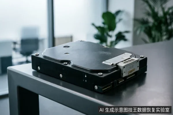 一块黑色的3.5英寸机械硬盘静置于深色办公桌面上，背景为模糊的办公室环境及绿植。图片清晰展示了硬盘的金属顶盖、侧面接口及固定螺丝等硬件细节，无文字标识。
