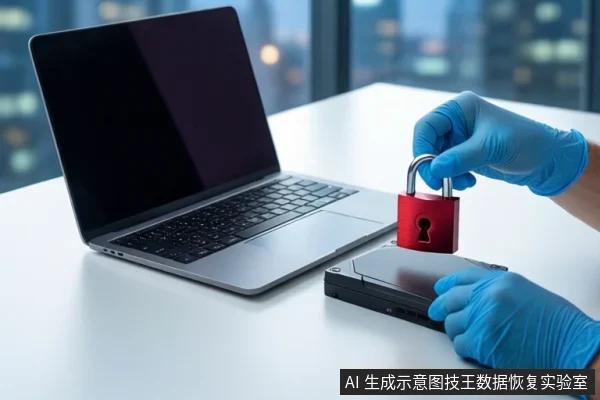 白色桌面上有一台银色笔记本电脑,旁边平放一个黑色外接硬盘盒。前景一双戴蓝色手套的手正持握一把红色挂锁,悬停在硬盘盒上方。背景是模糊的城市夜景窗户。