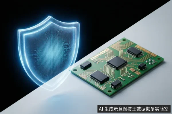 一块绿色的印刷电路板放置在白色平面上,板上焊接有多个黑色芯片与金色线路。左侧悬浮着一个发光的蓝色半透明数字盾牌,象征安全防护或数据保护,背景为深色渐变。