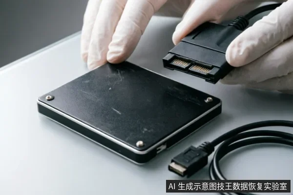 戴着白色防静电手套的双手正在操作一块黑色固态硬盘,一手扶持盘体,另一手持SATA数据接口准备连接。旁边放置着卷起的USB转SATA数据线,背景简洁,展示了专业数据恢复中连接原盘进行只读检测的场景。