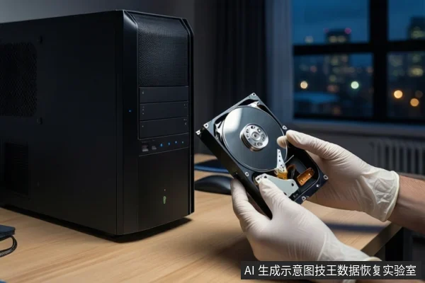 木质桌面上左侧放置一台黑色台式主机,右侧一双戴白色手套的手正握持一块打开外壳的机械硬盘,露出盘片与磁头组件。背景为模糊的窗户和城市夜景。