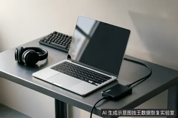 一张深灰色办公桌上放置着一台打开的银色笔记本电脑,左侧有一副黑色头戴式耳机和独立键盘,右侧连接着一个黑色外接设备盒及线缆。