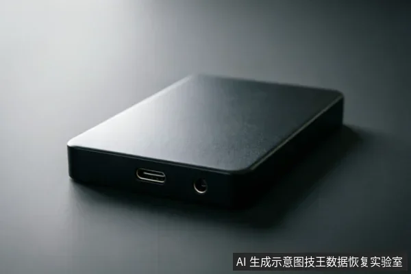一张黑色移动硬盘的侧面特写，清晰展示了USB-C数据接口和圆形电源接口。设备处于静止闭合状态，表面光滑无屏幕显示，背景为深灰色渐变，无任何文字或操作手势。