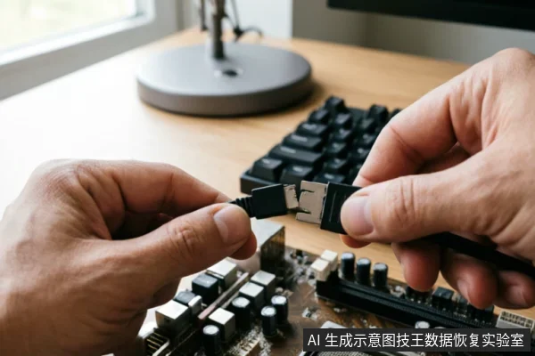 特写镜头展示双手正在将一根黑色数据线(SATA接口)连接至电脑主板上的对应插槽。背景虚化显示木质桌面、键盘及显示器底座,聚焦于硬件接口的插拔动作,体现外部连接链路的检查与排查过程。