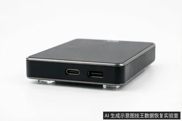 黑色长方形移动硬盘侧面特写，清晰展示了USB-C和USB-A两个数据接口，设备底部带有透明支撑脚，置于白色背景上。