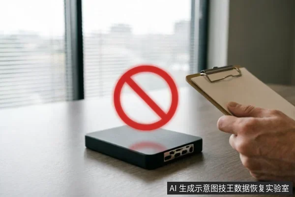 一只手持写字板靠近放置在桌面的移动硬盘,硬盘上方悬浮着一个红色的禁止符号。画面直观表达了在存储设备故障时,应禁止盲目操作或写入,需先记录状态并遵循安全止损原则的警示含义。