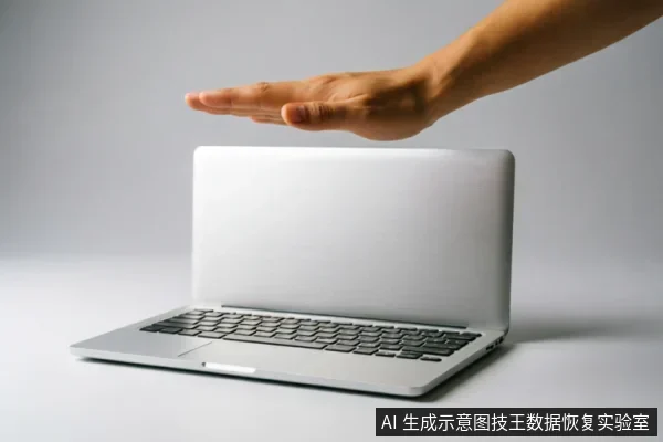 一只手掌悬停在一台银色笔记本电脑上方,呈现出遮挡或保护的手势。电脑处于打开状态,屏幕背对镜头,背景为纯净的灰白色,无任何文字或标识。