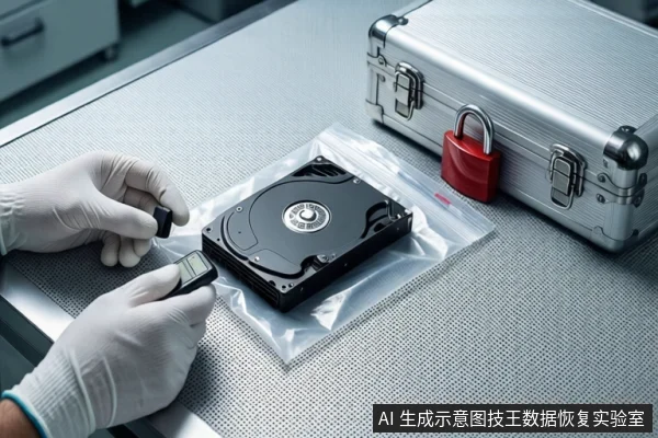 白色防静电工作台上,一双戴白色手套的手持黑色检测工具,正对透明防静电袋中平放的打开外壳机械硬盘,右侧放置挂有红色挂锁的银色金属防震箱。