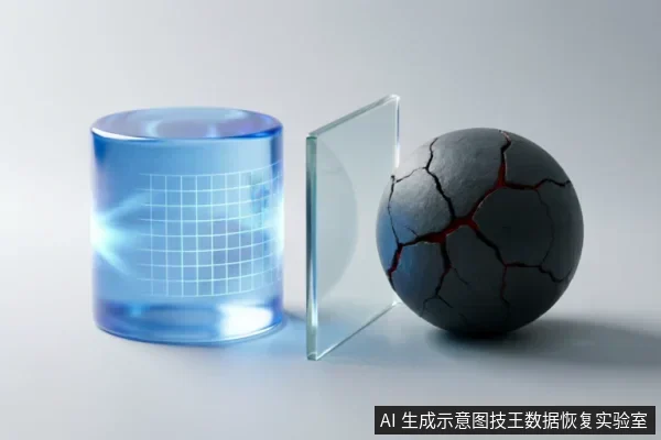 画面展示了一个带有网格的蓝色发光圆柱体、一块竖立的透明玻璃板以及一个表面布满裂纹且缝隙透出红光的黑色球体。三者呈线性排列,象征软件逻辑与物理硬件故障之间的隔离与界限。