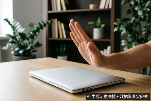 一只手掌在闭合的笔记本电脑前做出明确的“停止”手势，示意禁止操作。背景为带有书架和绿植的办公环境，通过肢体语言传达在设备故障初期应保持静止、切勿通电或尝试修复的警示信息。