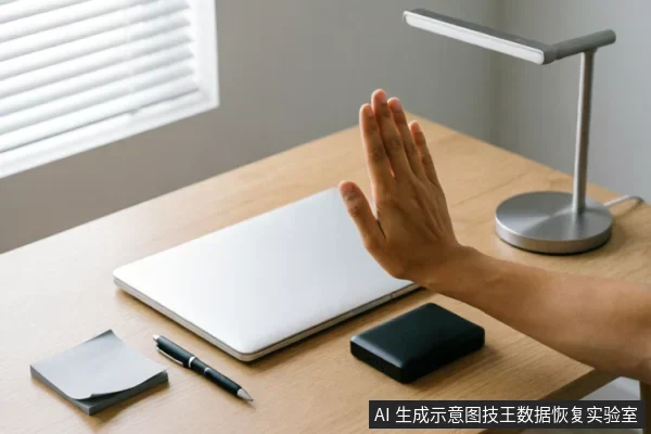 一只手掌在木质办公桌上做出停止或拒绝的手势,掌心面向前方。桌面上放置着一台闭合的银色笔记本电脑、一个黑色移动硬盘、一支笔和一叠便签纸,右侧有一盏亮着的台灯。画面传达出立即停止操作、断电保护的含义。