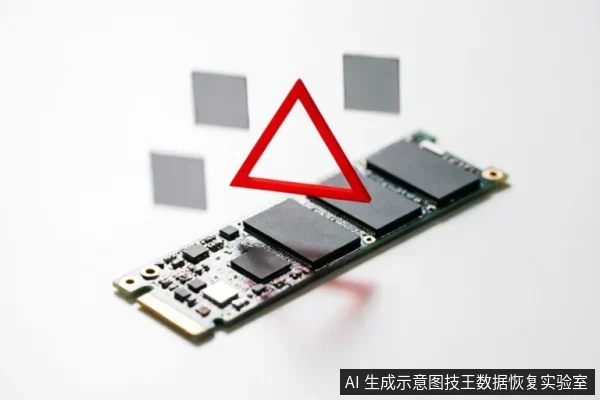 一张M.2固态硬盘斜放在白色背景上,上方悬浮着一个醒目的红色空心三角形警告标志,周围伴有模糊的灰色方块。画面通过警示符号直观传达设备故障、数据丢失或需要立即停止写入的风险提示。