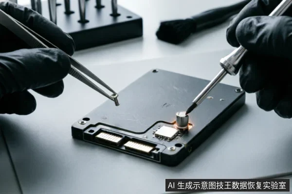 画面展示了一双戴着黑色防静电手套的手正在对一块裸露的机械硬盘进行精密操作。左手使用镊子夹持微小元件,右手持电烙铁对硬盘电路板上的芯片进行焊接或维修,背景可见工具架与毛刷,呈现出专业数据恢复实验室的硬件检修场景。