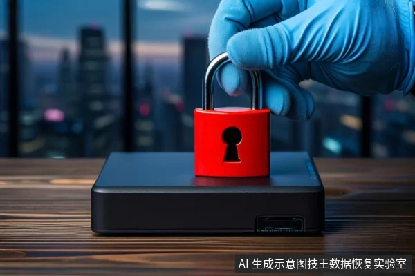 深色木桌上平放一个黑色外接硬盘盒,上方一只戴蓝色手套的手正持握一把红色挂锁,锁体悬停在硬盘盒表面。背景为模糊的城市夜景窗户。