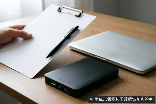 木质桌面上放置着一台闭合的银色笔记本电脑和一个黑色移动硬盘。左侧一只手正拿着夹有白纸的写字板,纸面上放有一支黑笔,示意记录设备状态或故障信息。