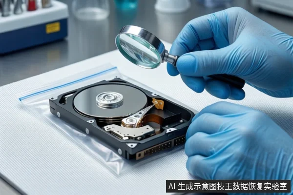 白色防静电垫上平放一块打开外壳的机械硬盘,置于透明防静电袋内。右侧一只戴蓝色手套的手持放大镜悬停在硬盘上方,另一只手扶在垫子边缘。背景为模糊的实验室设备。