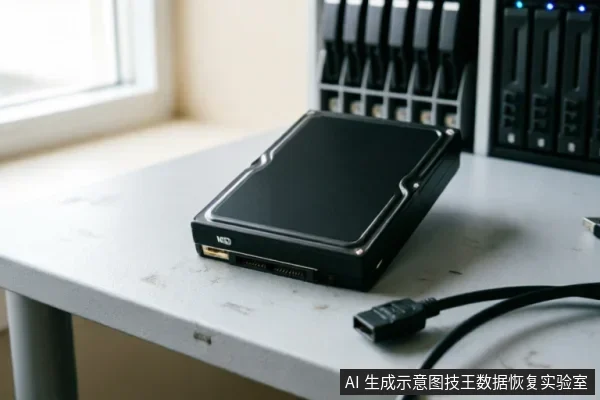 一块黑色的3.5英寸机械硬盘放置在白色桌面上，SATA数据接口和电源接口清晰可见，旁边放着一根黑色的SATA数据线。背景模糊处可见带有指示灯的硬盘阵列柜或服务器设备，呈现出硬件故障排查或检测的场景。
