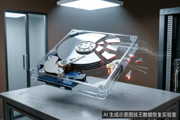 透明外壳机械硬盘悬浮于金属工作台,内部磁盘与磁头结构清晰可见。右侧伴有红色碎片飞散及数据流特效,象征物理损坏或数据丢失风险,背景为模糊的服务器机柜环境。