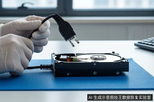 蓝色防静电垫上平放一块打开外壳的机械硬盘，可见金属盘片与磁头组件。左侧一双戴白手套的手正握持一根黑色电源线缆，将其悬停在硬盘上方。背景是模糊的窗户。