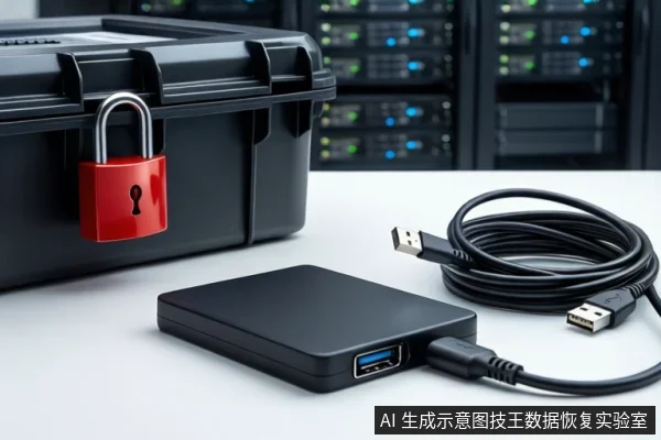 白色桌面上,左侧黑色防震箱挂有红色挂锁,中间平放一个黑色外接硬盘盒,右侧盘绕着一根黑色USB线缆,背景为模糊的服务器机柜。