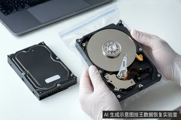 白色桌面上,一双戴白色手套的手持握一块打开外壳的机械硬盘,露出盘片与磁头组件。左侧平放一块闭合的机械硬盘,背景有一台笔记本电脑和一个透明防静电袋。