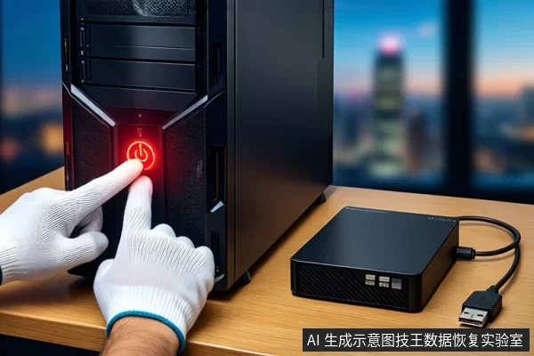 木质桌面上,左侧竖立一台黑色塔式主机,正面电源按钮亮红灯。前景一双戴白手套的手正在按压该按钮。右侧平放一个黑色外接硬盘盒,连接着黑色USB线。背景为模糊的窗户和城市夜景。