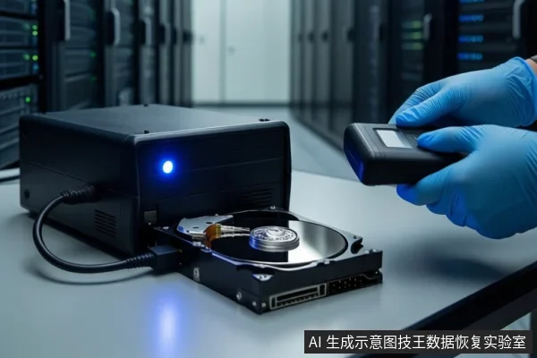 白色桌面上,左侧黑色硬盘盒亮着蓝色指示灯,前方平放一块打开外壳的机械硬盘,右侧戴蓝色手套的手持黑色设备靠近硬盘。背景为模糊的服务器机柜。