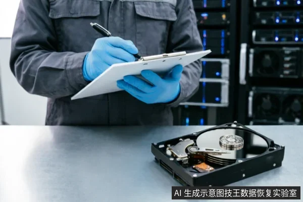 一名身穿灰色工装、戴着蓝色手套的技术人员手持写字板和笔,正在记录数据。前景桌面上放置着一个外壳打开的机械硬盘,背景为带有蓝色指示灯的服务器机柜,呈现出专业硬件检测环境。