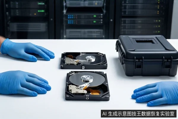 白色桌面上平放两块打开外壳的机械硬盘,右侧有一个黑色防震箱,周围有三只戴蓝色手套的手平放。背景为模糊的服务器机柜。