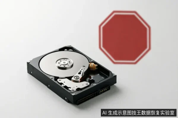 一张展示打开外壳的机械硬盘内部结构的图片，清晰可见金属磁盘盘片与读写磁头臂。背景右上方悬浮一个模糊的红色八角形停止标志，象征在数据识别失败或异常时立即执行紧急制动、停止写入以保护数据的操作原则。