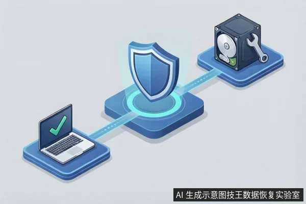 等距视角插画,左侧笔记本屏幕显示绿色对勾,中间为蓝色盾牌,右侧为硬盘与扳手,三者由蓝色光带连接。