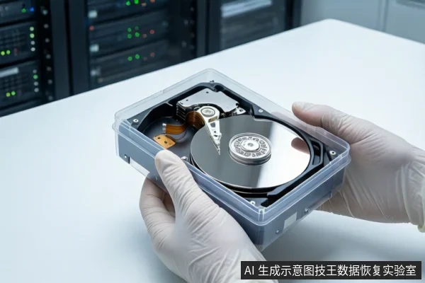 白色桌面上，前景一双戴白手套的手持握一个透明盒，盒内平放一块打开外壳的机械硬盘，露出盘片与磁头组件。背景为模糊的服务器机柜。