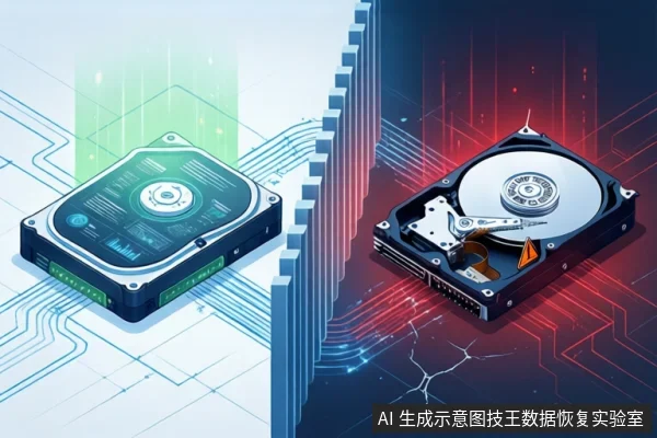 画面分为左右两部分,左侧蓝色背景中平放一块闭合的机械硬盘,右侧红色背景中平放一块打开外壳的机械硬盘,露出盘片与磁头组件,背景为抽象电路板纹理。