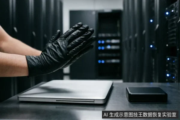 数据中心机房背景下,一双戴着黑色防静电手套的手悬停在闭合的银色笔记本电脑上方,旁边桌面上放置着一个黑色的外部移动硬盘。画面展示了专业数据恢复或硬件检测场景中的设备准备与防护状态。