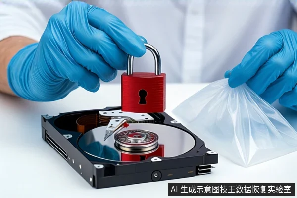 白色桌面上平放一块打开外壳的机械硬盘,可见盘片与磁头臂。前景一双戴蓝色手套的手持红色挂锁悬停在硬盘上方,另一只手持透明塑料袋。背景为模糊的实验室环境。